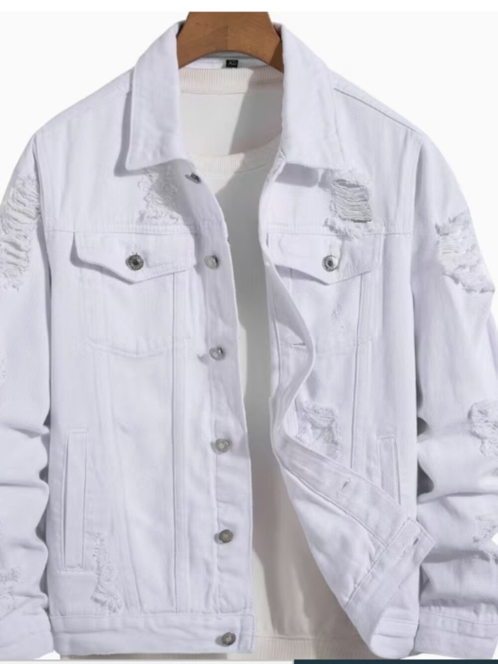 White Distressed Denim Jacket Oversized Trendy Streetwear Size L